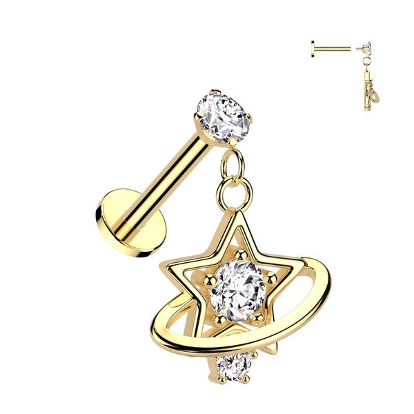 CZ Star Saturn Ring Dangle Labret. 2 colours available. Carousel 1
