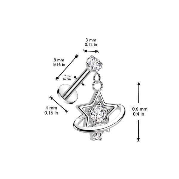 CZ Star Saturn Ring Dangle Labret. 2 colours available. Carousel 2