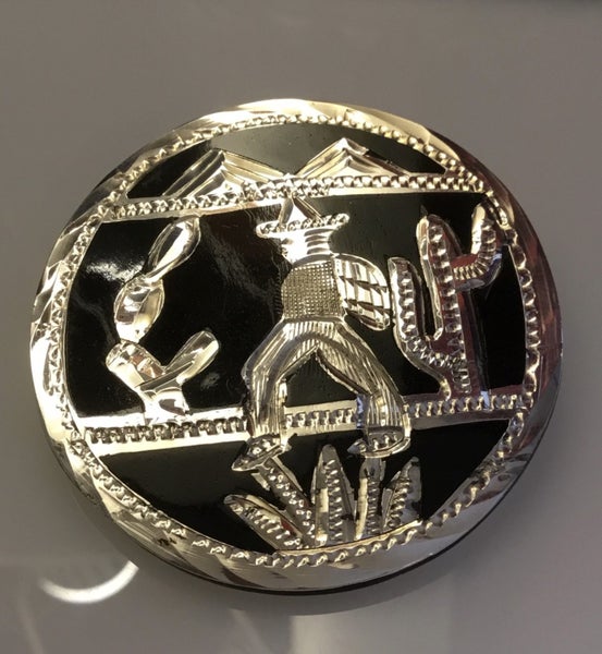 Large VINTAGE Mexican Sterling Silver & Onyx Pendant Brooch (4.6cm Diameter) Carousel 2