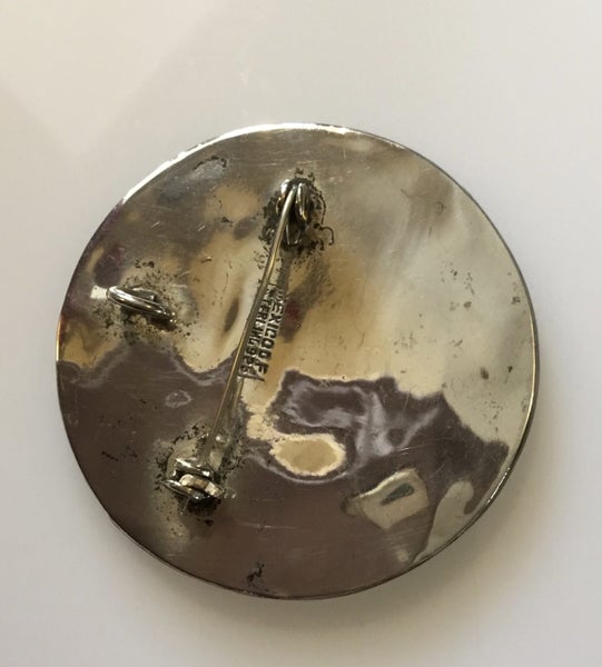 Large VINTAGE Mexican Sterling Silver & Onyx Pendant Brooch (4.6cm Diameter) Carousel 14