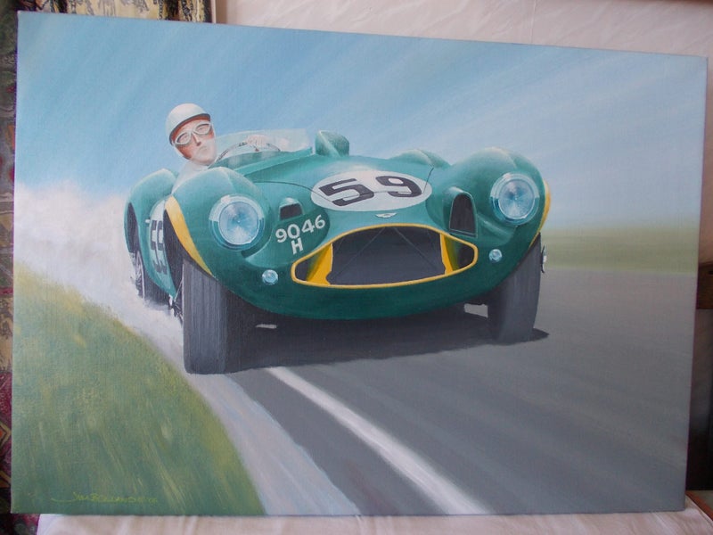 Original Oil Painting. STIRLING MOSS- Aston Martin DB3S. Brands Hatch Circuit Carousel 1
