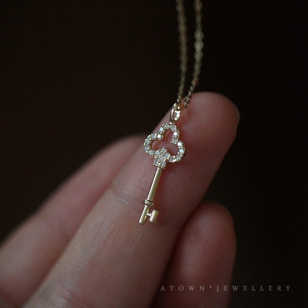 Real Gold Plated S925 Silver French Vintage Charm KEY Cubic Zirconia Necklace Carousel 1