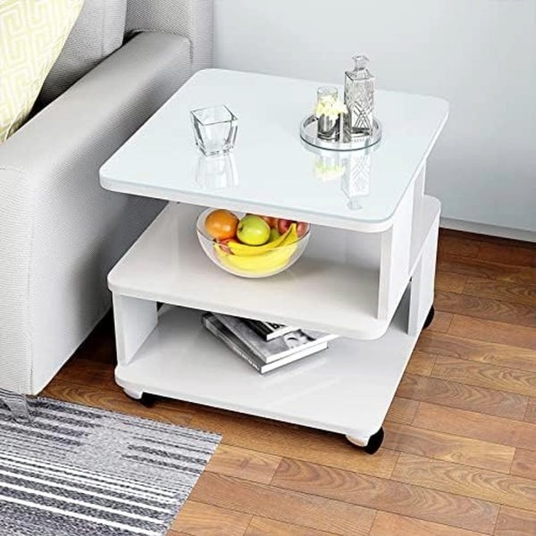 Modern Coffee Table Bedside Sofa End Table With Glass (White) Carousel 1
