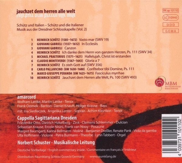 JAUCHZET DEM HERREN ALLE WELT Schutz & Italy AMARCORD / CAPPELLA SAGITTARIANA CD Carousel 2