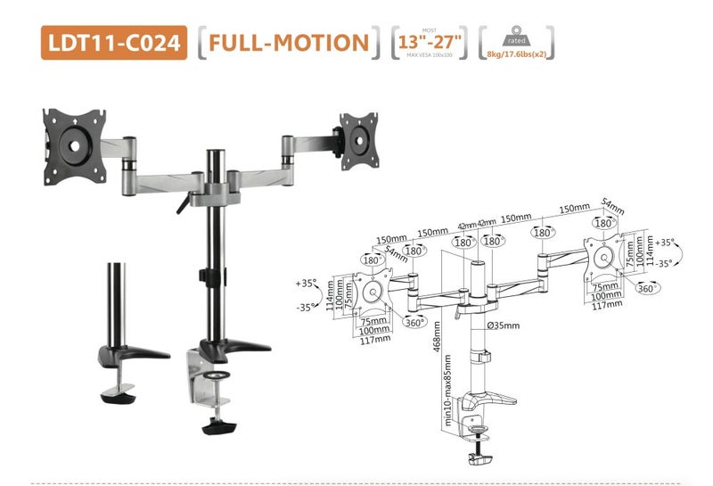 BRATECK 13"-27" Dual Monitor Desk Mount Max arm reach: 792mm. Tilt * SALE * Carousel 1