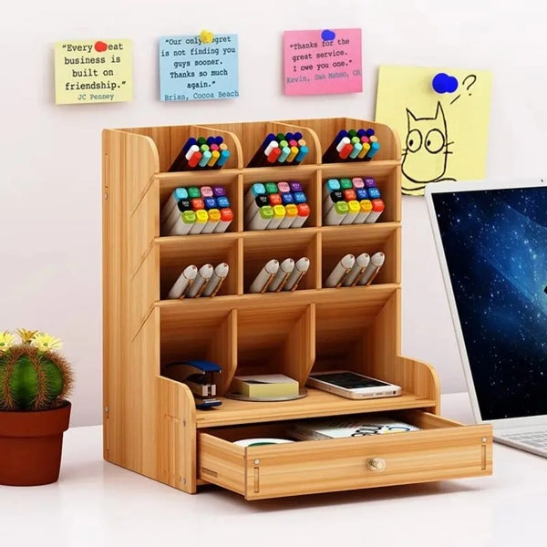 Wooden Desk Organizer Student Stationery Storage Box Carousel 2