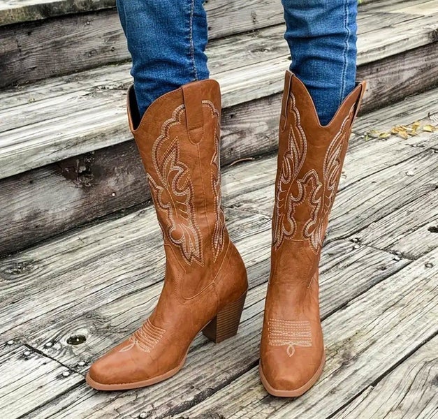 Womens NZ Size 9 Tan Country Western Cowboy Boots Heels Carousel 2