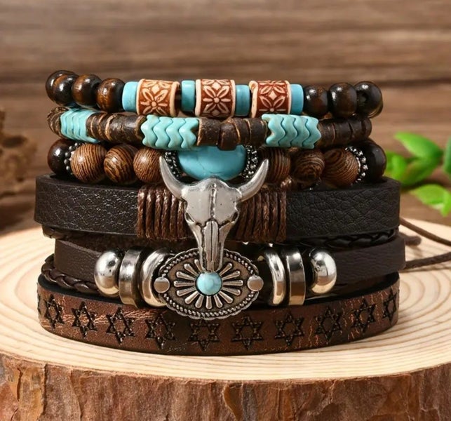 Mens Bracelet Set 6 Pcs Vintage Western Style Cow Skull Wing Wooden Beads Carousel 1