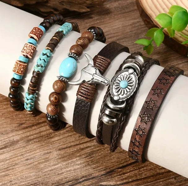 Mens Bracelet Set 6 Pcs Vintage Western Style Cow Skull Wing Wooden Beads Carousel 2