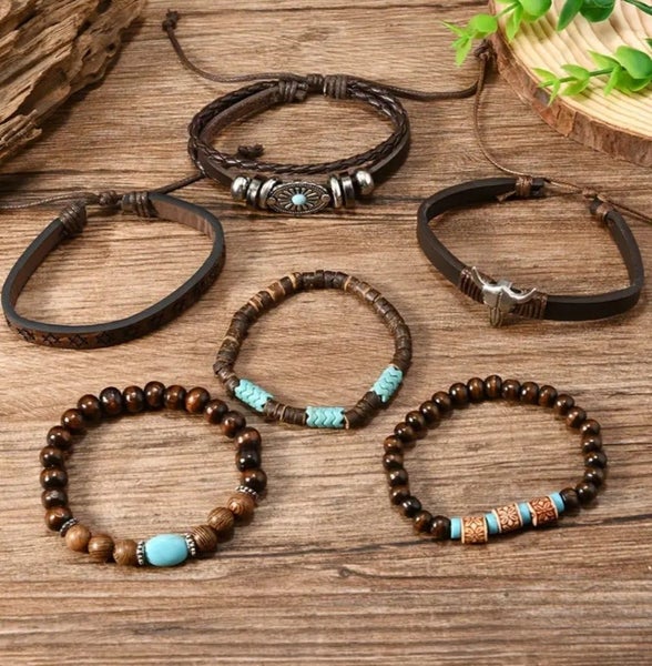 Mens Bracelet Set 6 Pcs Vintage Western Style Cow Skull Wing Wooden Beads Carousel 8
