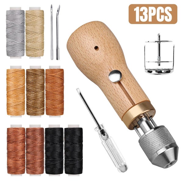 13Pc Leather Sewing Awl Kit with Hand Speedy Stitcher Needle Waxed Thread Rep... Carousel 1