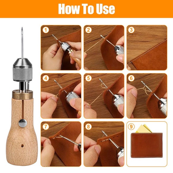 13Pc Leather Sewing Awl Kit with Hand Speedy Stitcher Needle Waxed Thread Rep... Carousel 2