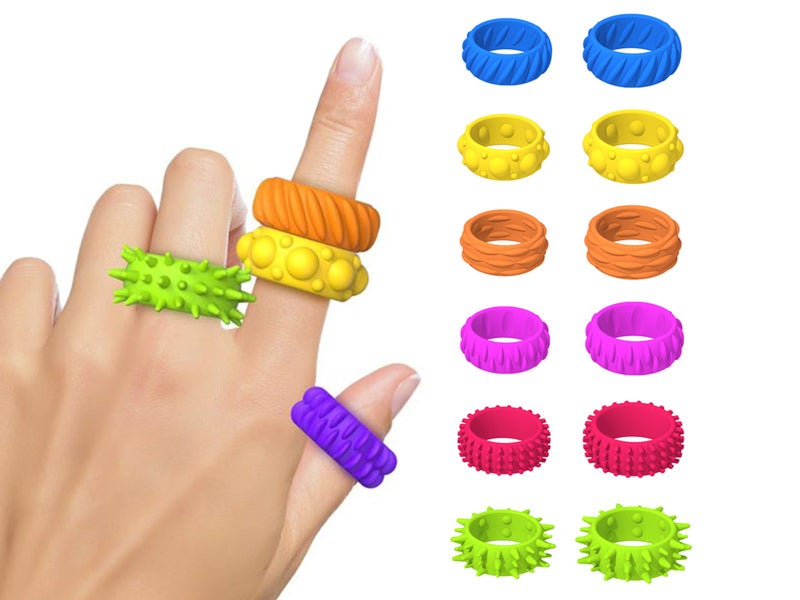 12 PCS Fidget Ring Sensory Toys Soft Stress Reducer Ring Finger Spinner Ring Carousel 1