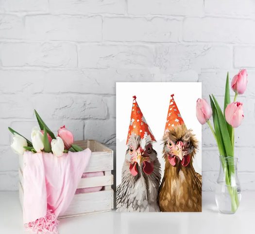 Birthday / Graduation Card - Chickens with party hats (Stamp included!) Carousel 1