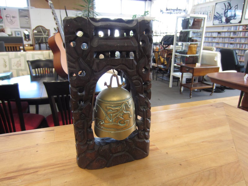 Antique Brass Chinese Temple Bell in Carved Wooden Frame Carousel 1