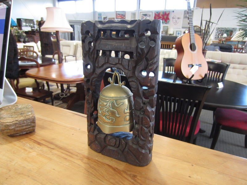 Antique Brass Chinese Temple Bell in Carved Wooden Frame Carousel 2