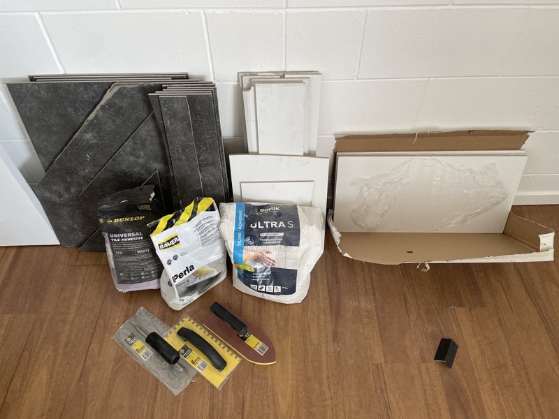Bulk Tile Offcuts, Adhesives, Grout, Trowels, Float Carousel 1