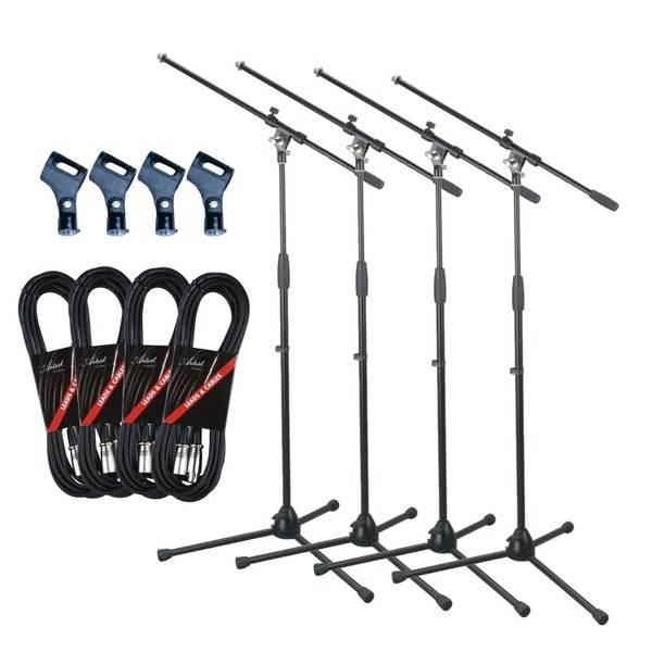 Artist MS012 4 Pack Deluxe Black Boom Mic Stand,Mic Clip & 20ft Cable Carousel 1