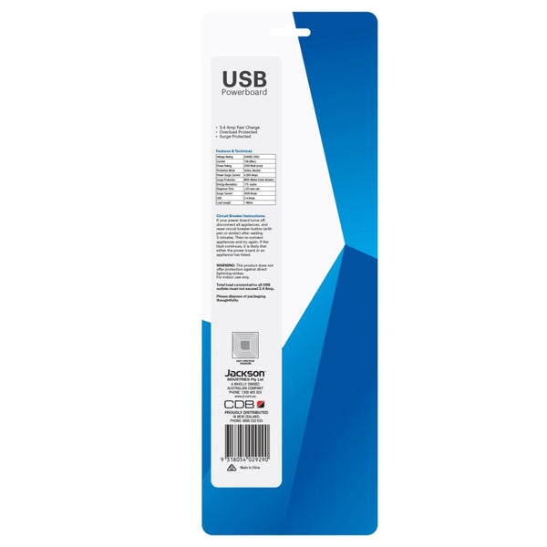 Jackson PT2929SUSB3C 4 Outlet Surge Protected Powerboard with 2x USB-A & 2x Carousel 4
