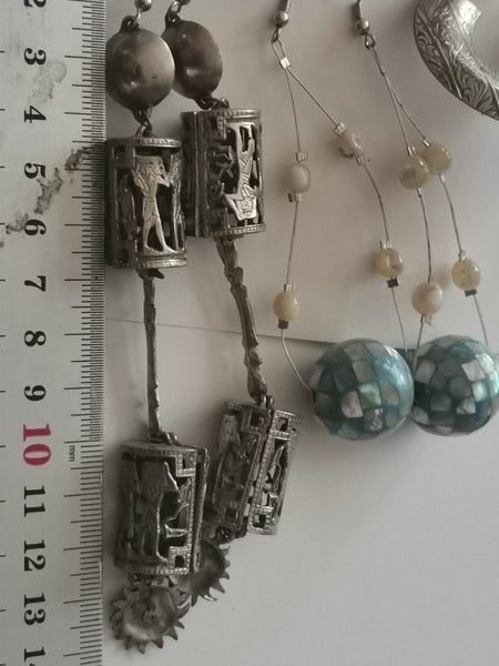 Long dangley silver engraved Egyptian sun earrings blue disco ball or hoop Carousel 2