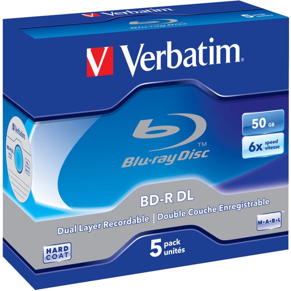Verbatim 43748 Blu-ray Recordable Media - BD-R DL - 6x - 50 GB - 5 Pack Jewel Ca Carousel 1