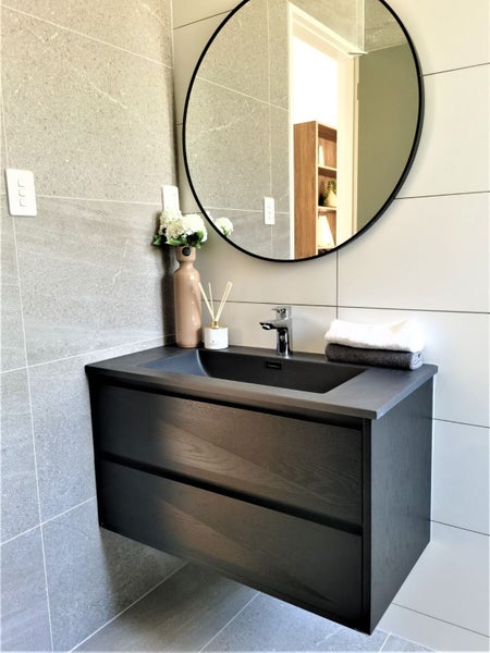 Plywood Vanity with Natural Wood Veneer EVA900B Wall Hung, Black Color Carousel 1