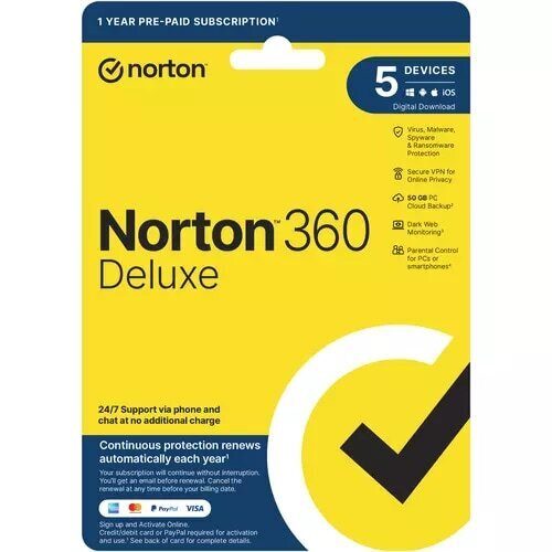 NORTON 360 DELUXE 50GB AU 1 USER 5 DEVICE 12MO GENERIC ENR RSP DVDSLV GUM Carousel 1