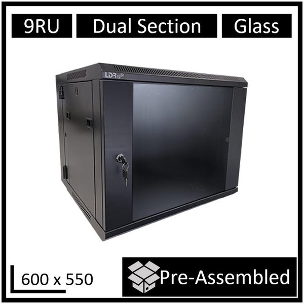 LDR Assembled 9U Hinged Wall Mount Cabinet (600mm x 550mm) Glass Door - Black Me Carousel 1