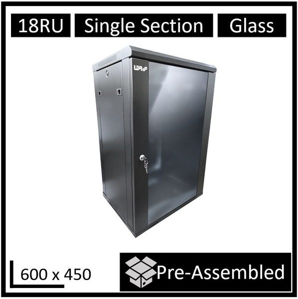 LDR Assembled 18U Wall Mount Cabinet (600mm x 450mm) Glass Door - Black Metal Co Carousel 1