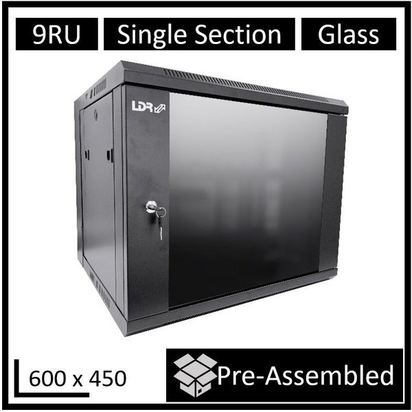 LDR Assembled 9U Wall Mount Cabinet (600mm x 450mm) Glass Door - Black Metal Con Carousel 1