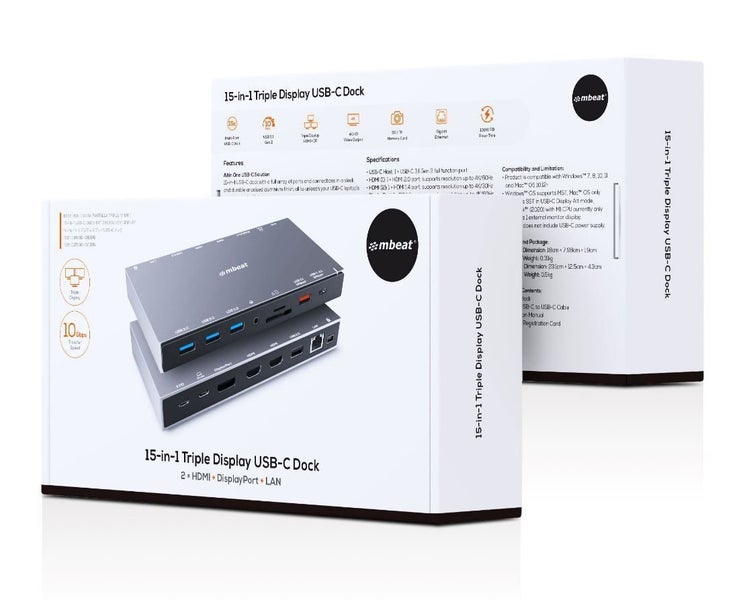 mbeat 15-in-1 Triple Display USB-C Docking Station 2x HDMI 1x DP 1x 100W PD 3.0 Carousel 4