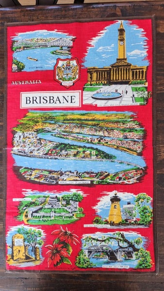 ~" Brisbane Designed In Australia Pure Linen Vintage Tea Towel "~ Carousel 1