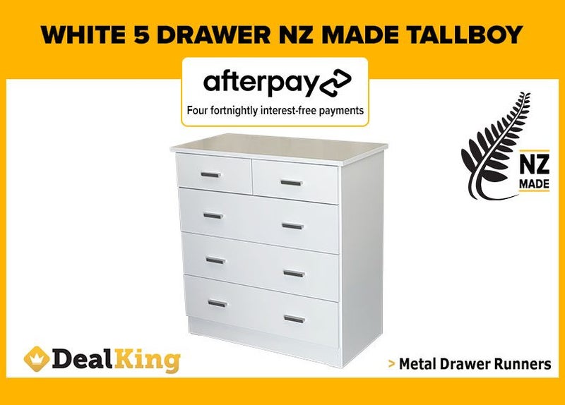 • WHITE FULLY ASSEMBLED 5 DRAWER NZ MADE TALLBOY $285 • Carousel 1