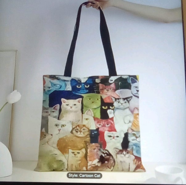 THE CATTAGE - Adorable Cartoon Cat Tote Bag (Large) Add Cuteness To Shopping Carousel 1