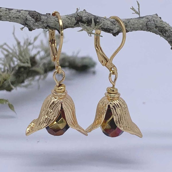 18K Gold Tulip Drop Leverback Earrings (Bronze) Carousel 1