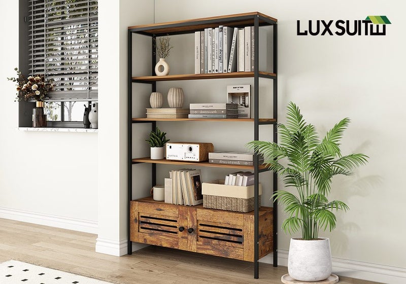 5 Tier Bookshelf Bookcase Vertical Display Shelves Storage Cabinet with 2 Doors Carousel 2