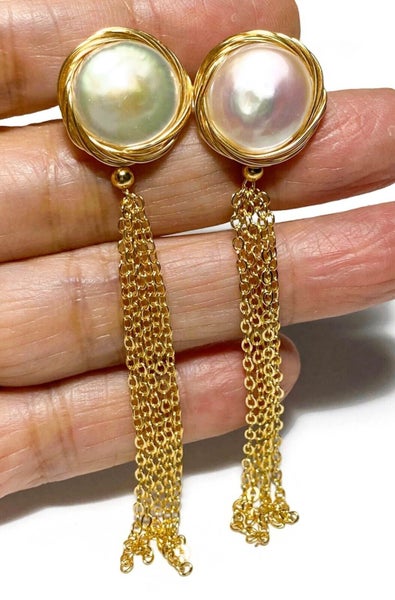 13.5mm White Pink FW Mabe Pearl Tassels Earrings Carousel 2