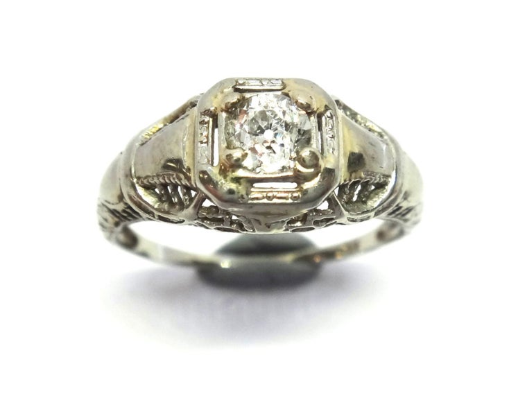 ANTIQUE Filigree Work, 18ct White Gold & Diamond Ring Carousel 2