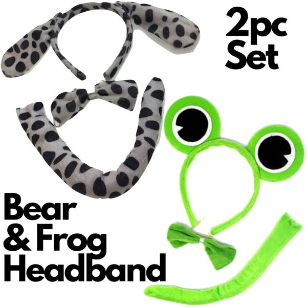2pc Set Animal Headband w Bow Tail Dog + Frog Ears Hair Costume Halloween Party Carousel 2
