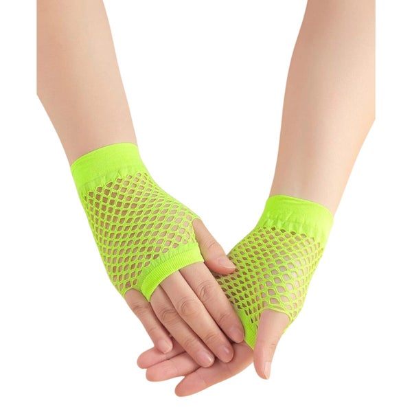 1 Pair Fishnet Gloves Fingerless Wrist Length Costume Party Dance - Fluro Yellow Carousel 1
