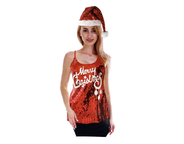 Womens Merry Christmas Sequin Singlet Camisole Cami Costume Party Xmas Carousel 1
