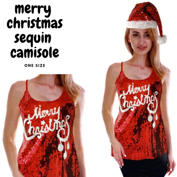 Womens Merry Christmas Sequin Singlet Camisole Cami Costume Party Xmas Carousel 2