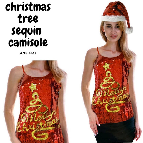 Womens Merry Christmas Tree Sequin Singlet Camisole Cami Costume Xmas Party Carousel 2