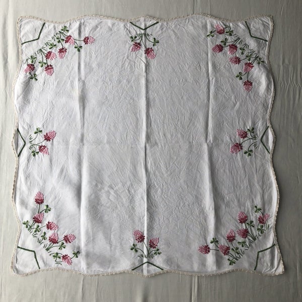 Vintage Hand Embroidered Pink Floral Linen Tablecloth Carousel 1