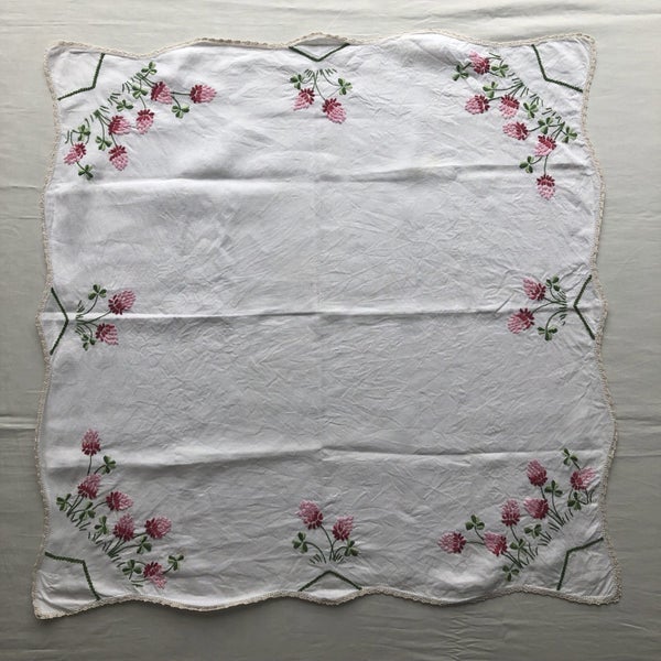 Vintage Hand Embroidered Pink Floral Linen Tablecloth Carousel 2