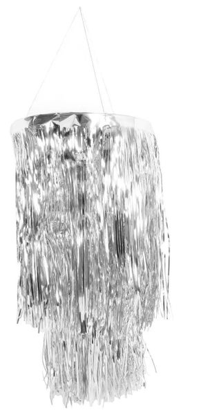 2 Tier Foil Metallic Tinsel Hanging Chandelier Party Decoration - Silver Carousel 1