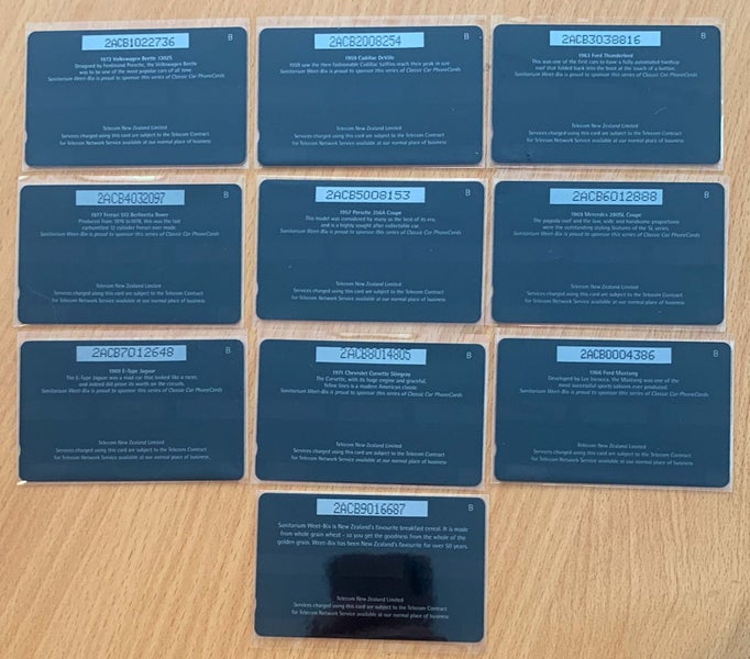 Set of 10 sleeved 1995 Sanitarium Classic Cars Phonecards. Carousel 2