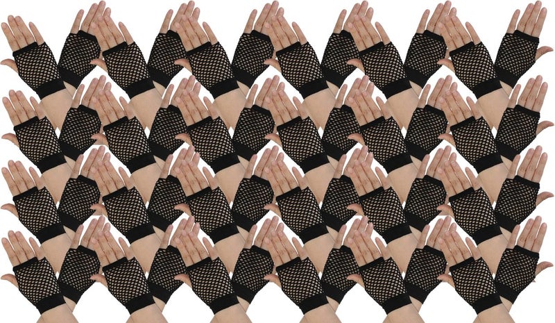 24 Pair Fishnet Gloves Fingerless Wrist Length 70s 80s Costume Party - Black Carousel 1