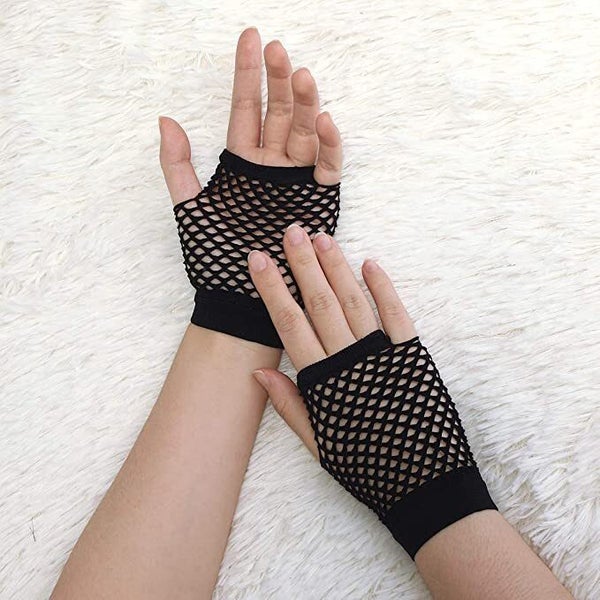 24 Pair Fishnet Gloves Fingerless Wrist Length 70s 80s Costume Party - Black Carousel 2