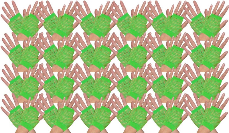 24 Pair Fishnet Gloves Fingerless Wrist Length 70s 80s Costume Party Fluro Green Carousel 1